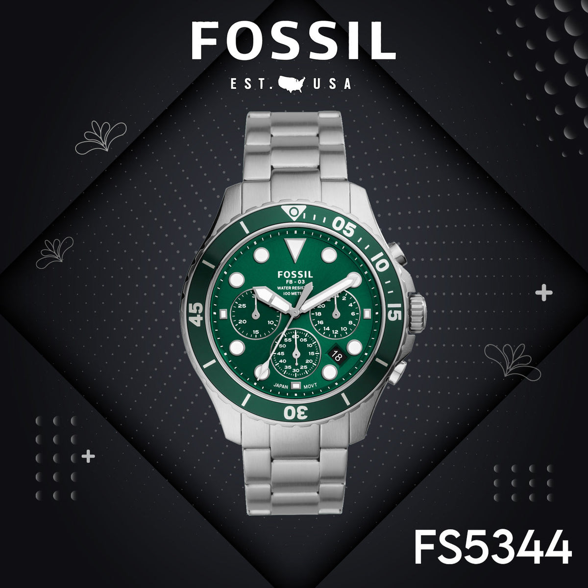 Shop Authentic Fossil FB-03 Chronograph Green Dial Silver Steel Strap Watch for Men - FS5726 - Luxxuri
