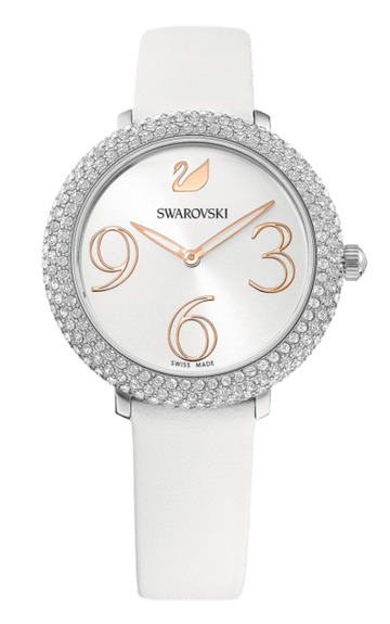  Shop Authentic Swarovski Crystal Frost Silver Dial White Leather Strap Watch for Women - 5484070 - Luxxuri