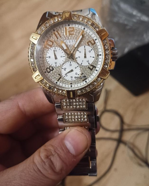  Shop Authentic Guess Frontier Chronograph Crystals Silver Dial Two Tone Steel Strap Watch for Men - W0799G4 - Luxxuri