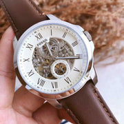  Shop Authentic Fossil Grant Automatic White Dial Brown Leather Strap Watch for Men - ME3052 - Luxxuri