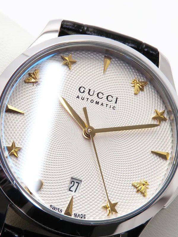  Shop Authentic Gucci G Timeless Automatic Silver Dial Black Leather Strap Unisex Watch - YA126468 - Luxxuri