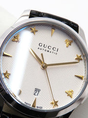  Shop Authentic Gucci G Timeless Automatic Silver Dial Black Leather Strap Unisex Watch - YA126468 - Luxxuri