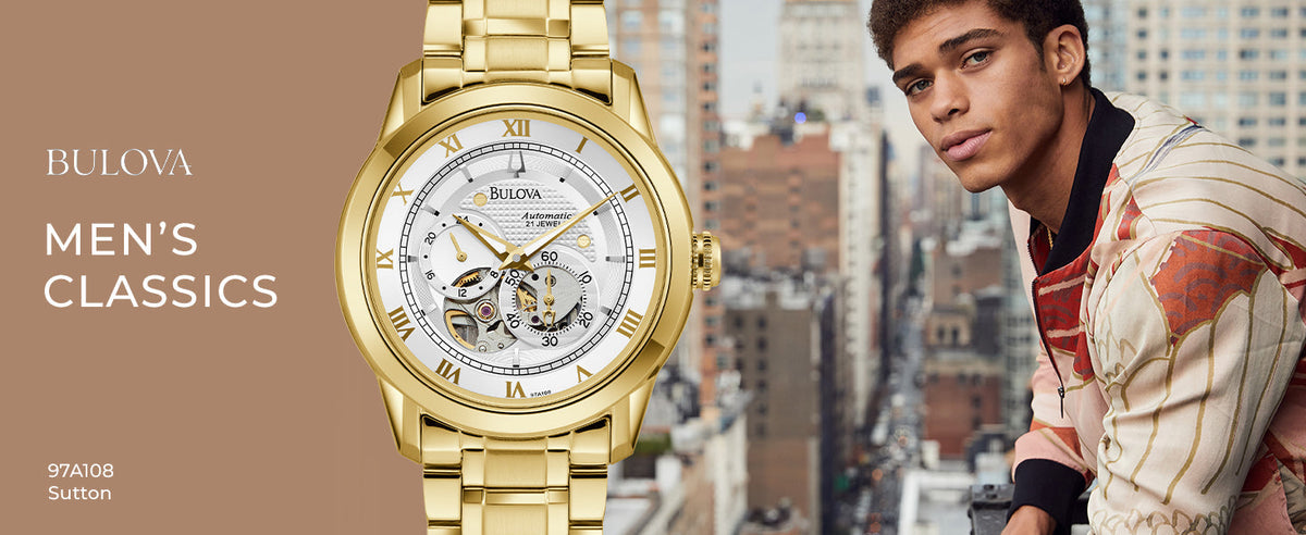  Shop Authentic Bulova BVA Skeleton Silver Dial Gold Steel Strap Watch for Men - 97A108 - Luxxuri