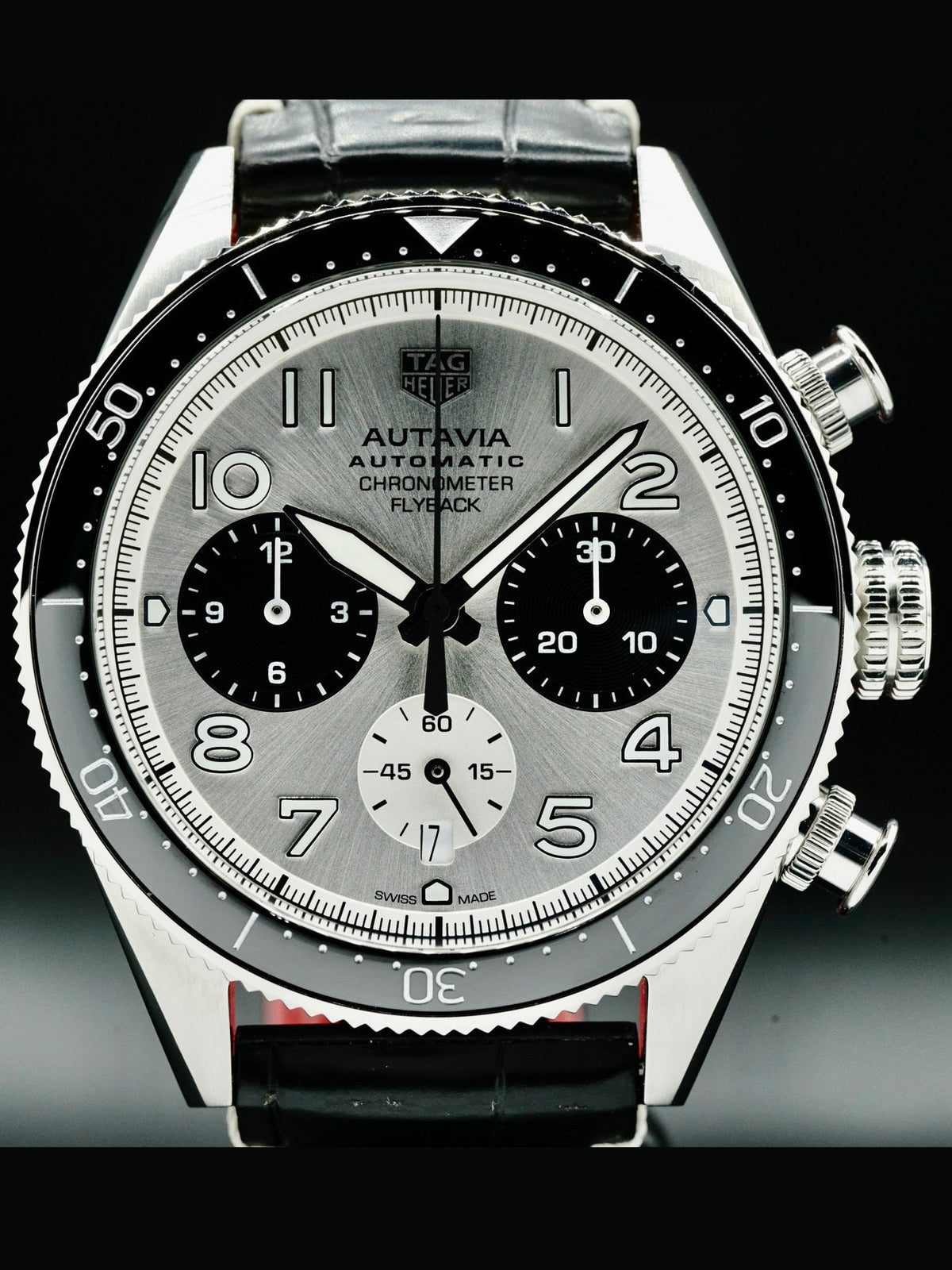  Shop Authentic Tag Heuer Autavia Chronometer Flyback Chronograph Silver Dial Black Leather Strap Watch for Men - CBE511B.FC8279 - Luxxuri