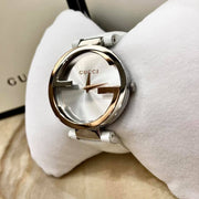  Shop Authentic Gucci Interlocking 18K Gold Silver Dial White Leather Strap Watch For Women - YA133303 - Luxxuri