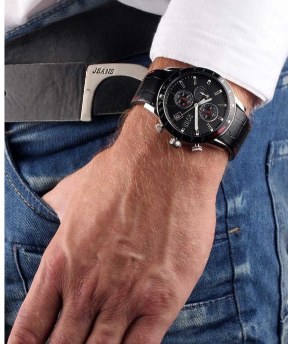  Shop Authentic Hugo Boss Rafale Chronograph Black Dial Black Leather Strap Watch For Men - 1513390 - Luxxuri