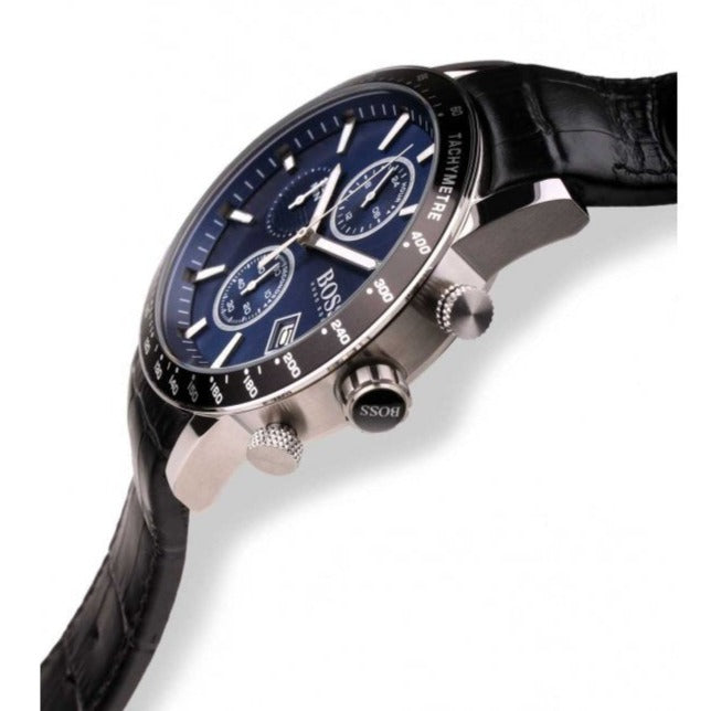  Shop Authentic Hugo Boss Rafale Chronograph Blue Dial Black Leather Strap Watch For Men - 1513391 - Luxxuri