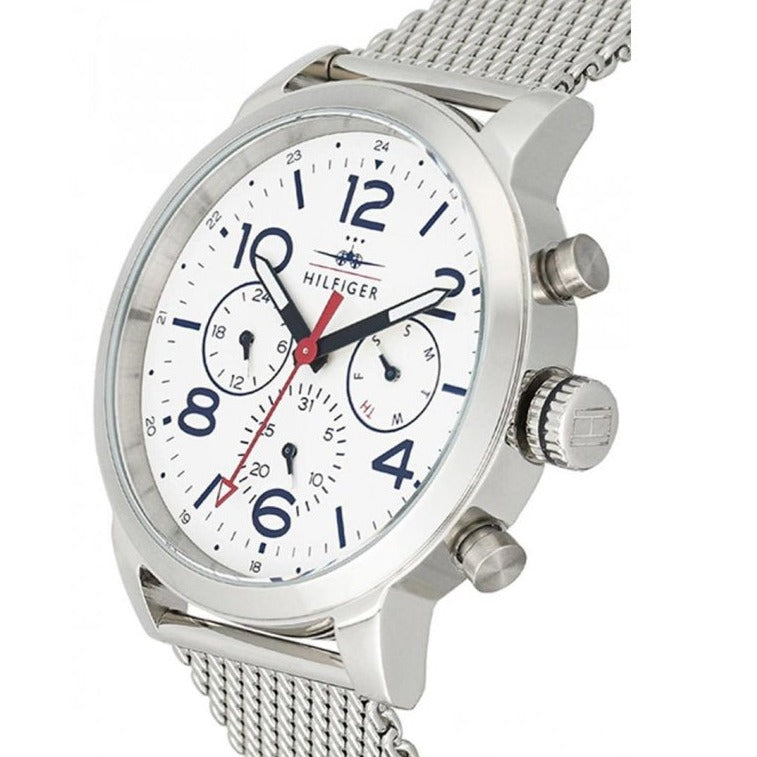  Shop Authentic Tommy Hilfiger Jake Quartz White Dial Silver Mesh Bracelet Watch for Men - 1791233 - Luxxuri