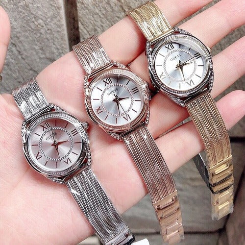  Shop Authentic Guess Whisper Silver Dial Rose Gold Mesh Bracelet Watch for Women - W1084L3 - Luxxuri