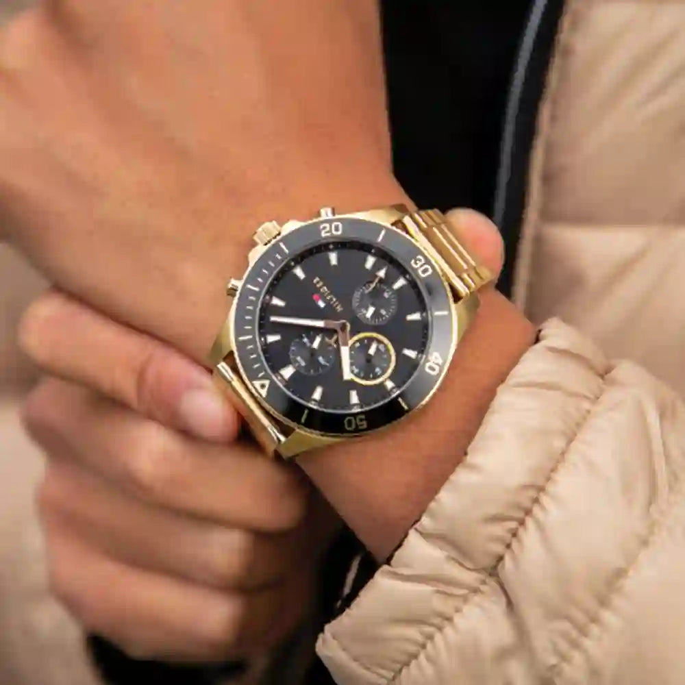  Shop Authentic Tommy Hilfiger Larson Chronograph Black Dial Gold Steel Strap Watch For Men - 1791919 - Luxxuri