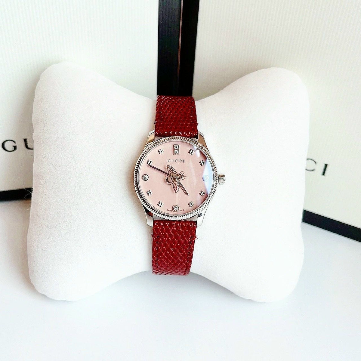  Shop Authentic Gucci G Timeless Quartz Diamonds Pink Dial Red Leather Strap Watch For Women - YA1265017 - Luxxuri