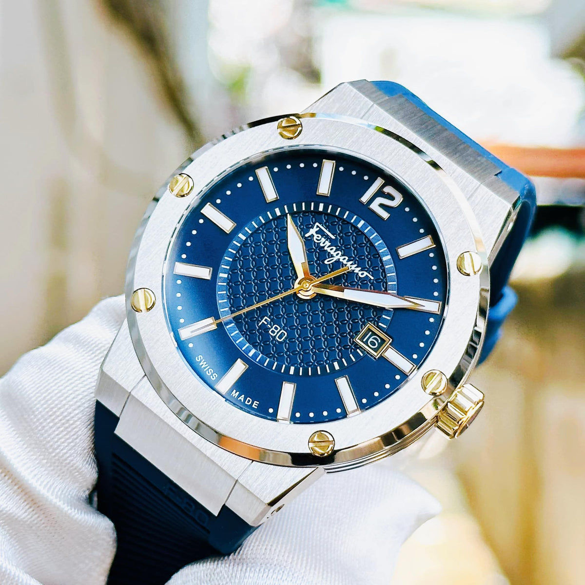  Shop Authentic Salvatore Ferragamo F-80 Blue Dial Blue Rubber Strap Watch For Men - SFHY01122 - Luxxuri