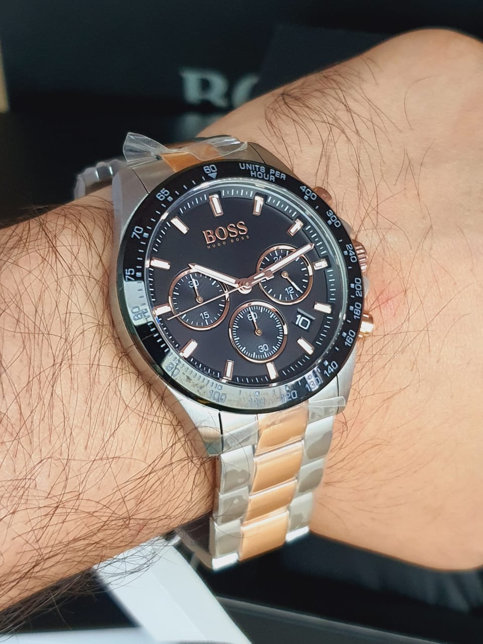  Shop Authentic Hugo Boss Here Chronograph Black Dial Two Tone Steel Strap Watch for Men - 1513757 - Luxxuri