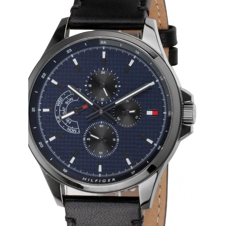  Shop Authentic Tommy Hilfiger Shawn Multifunction Quartz Blue Dial Black Leather Strap Watch for Men - 1791616 - Luxxuri