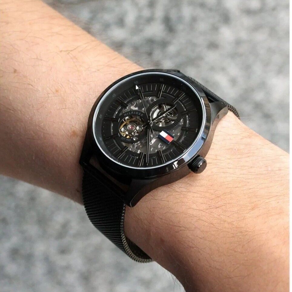  Shop Authentic Tommy Hilfiger Spencer Skeleton Black Dial Black Mesh Bracelet Watch for Men - 1791644 - Luxxuri
