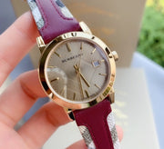  Shop Authentic Burberry Heritage Nova Gold Dial Haymarket Red Leather Strap Watch for Women - BU9111 - Luxxuri