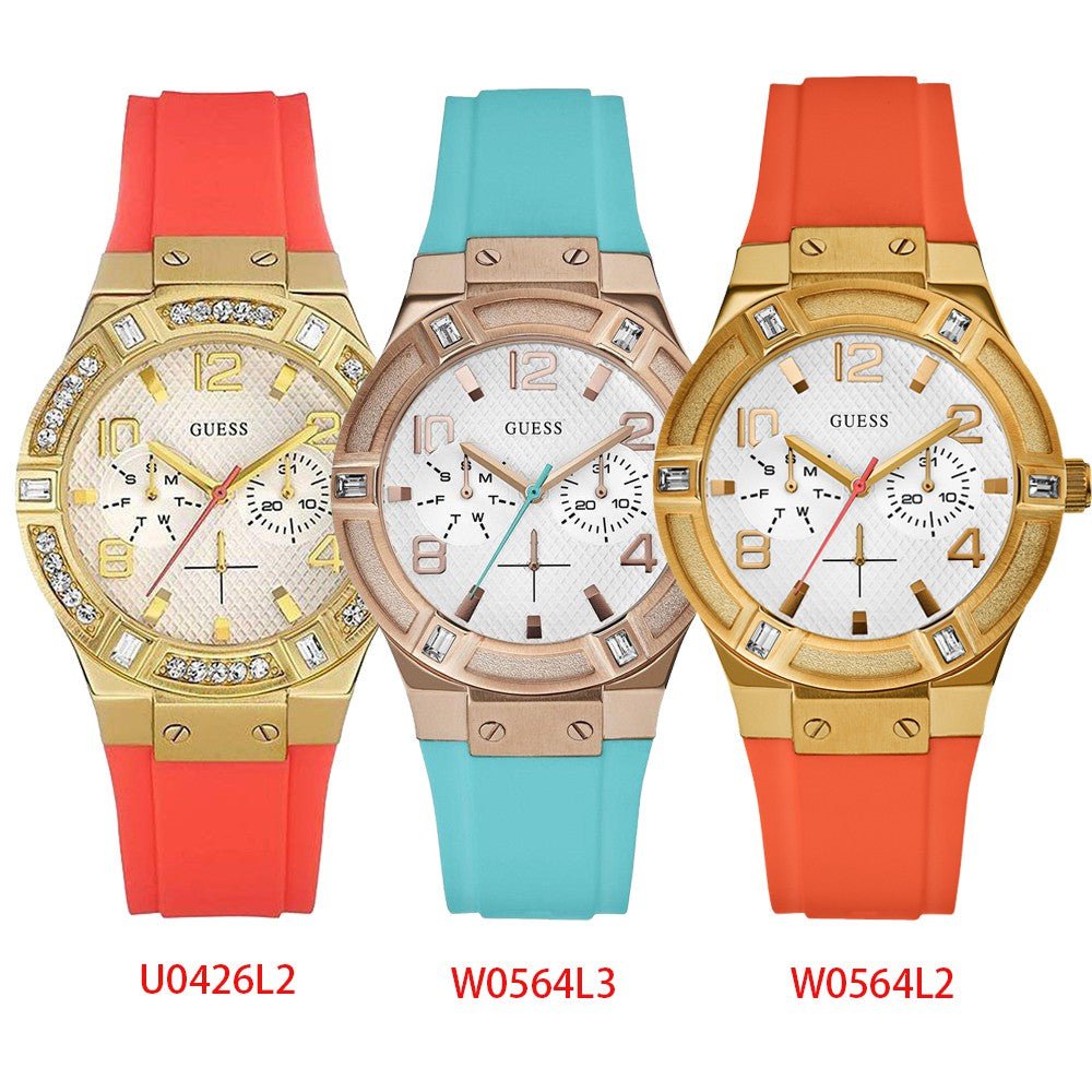  Shop Authentic Guess Jet Setter Golden Dial Orange Rubber Watch For Women - W0564L2 - Luxxuri