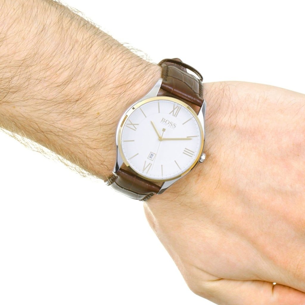  Shop Authentic Hugo Boss Classic White Dial Brown Leather Strap Watch for Men - 1513486 - Luxxuri