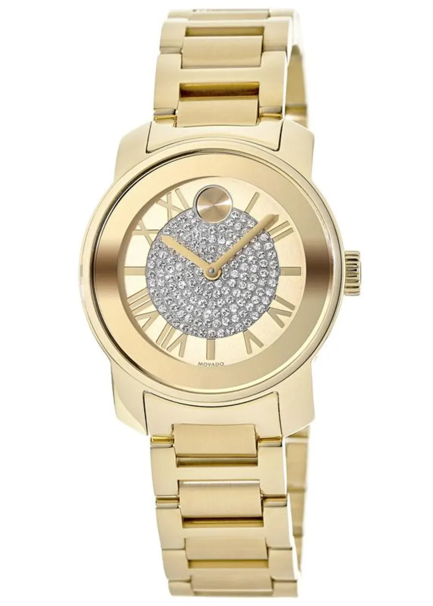  Shop Authentic Movado Bold Pave Gold Dial Gold Steel Strap Watch For Women - 3600255 - Luxxuri