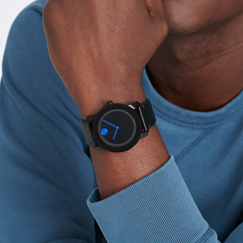  Shop Authentic Movado Bold Metallic Blue Dial Black Leather Strap Watch for Men - 3600137 - Luxxuri