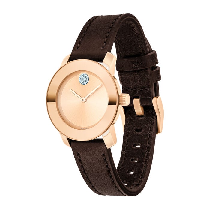  Shop Authentic Movado Bold Rose Gold Dial Brown Leather Strap Watch For Women - 3600438 - Luxxuri