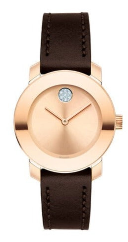 Shop Authentic Movado Bold Rose Gold Dial Brown Leather Strap Watch For Women - 3600438 - Luxxuri