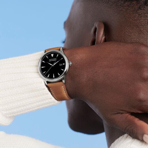  Shop Authentic Movado Heritage Calendoplan Black Dial Brown Leather Strap Watch for Men - 3650001 - Luxxuri