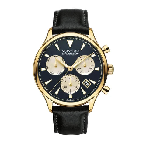  Shop Authentic Movado Heritage Chronograph Calendoplan Blue Dial Black Leather Strap Watch for Men - 3650006 - Luxxuri