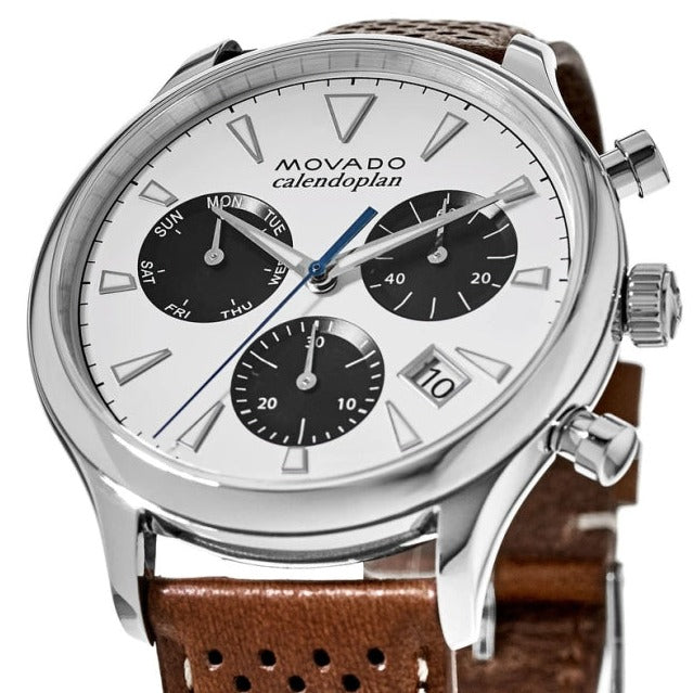  Shop Authentic Movado Heritage Calendoplan Chronograph White Dial Brown Leather Strap Watch for Men - 3650008 - Luxxuri