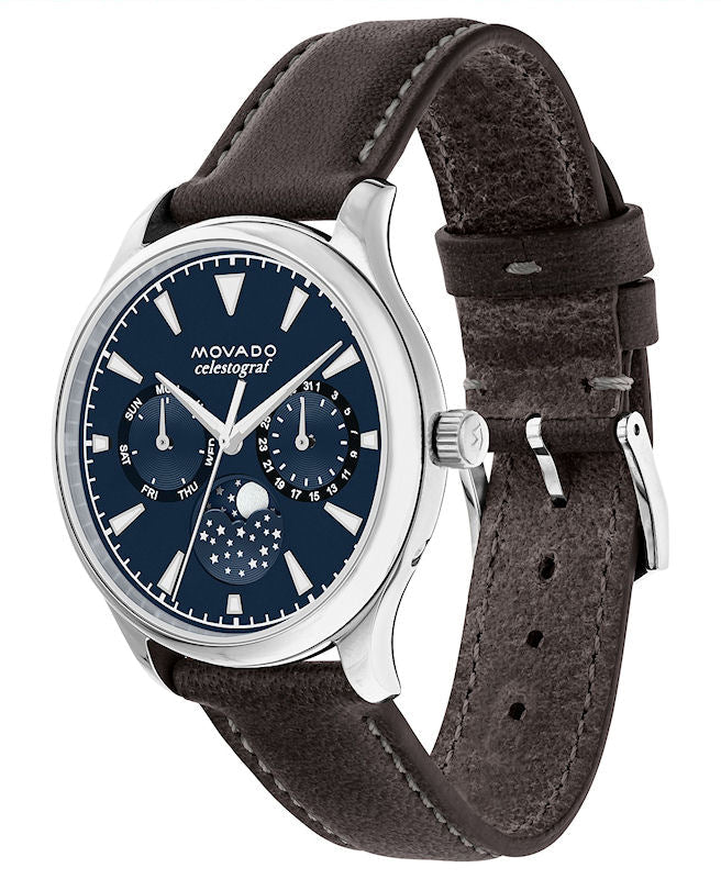  Shop Authentic Movado Heritage Moonphase Blue Dial Brown Leather Strap Watch For Women - 3650009 - Luxxuri