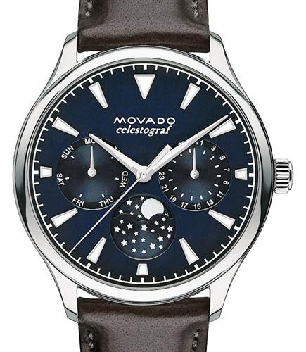  Shop Authentic Movado Heritage Moonphase Blue Dial Brown Leather Strap Watch For Women - 3650009 - Luxxuri