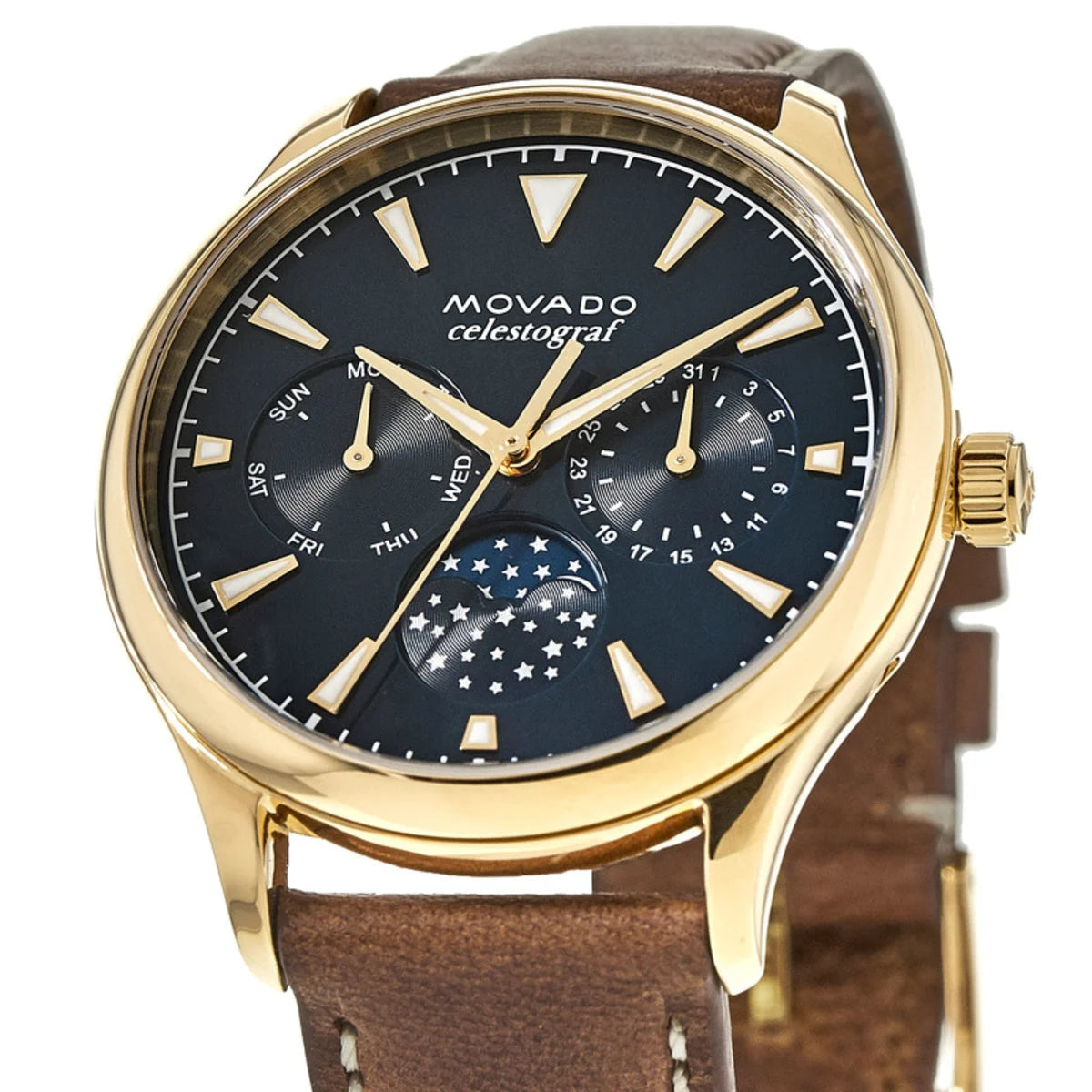  Shop Authentic Movado Heritage Celestograf Navy Blue Dial Brown Leather Strap Watch For Women - 3650010 - Luxxuri