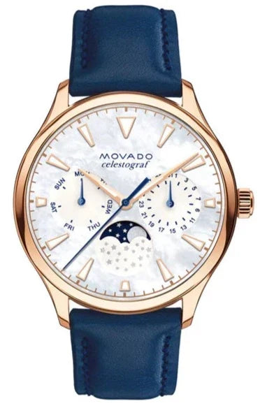  Shop Authentic Movado Heritage Celestograf White Mother of Pearl Dial Blue Leather Strap Watch For Women - 3650011 - Luxxuri