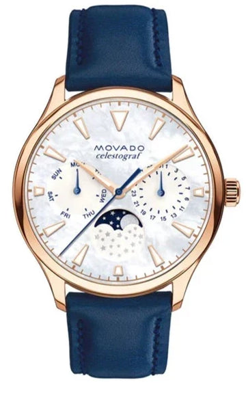  Shop Authentic Movado Heritage Celestograf White Mother of Pearl Dial Blue Leather Strap Watch For Women - 3650011 - Luxxuri