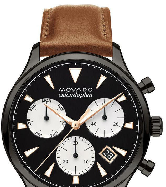  Shop Authentic Movado Heritage Calendoplan Chronograph Black Dial Brown Leather Strap Watch for Men - 3650022 - Luxxuri