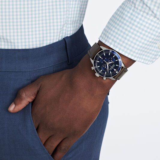  Shop Authentic Movado Heritage 29mm Chronograph Blue Dial Brown Leather Strap Watch For Men - 3650061 - Luxxuri