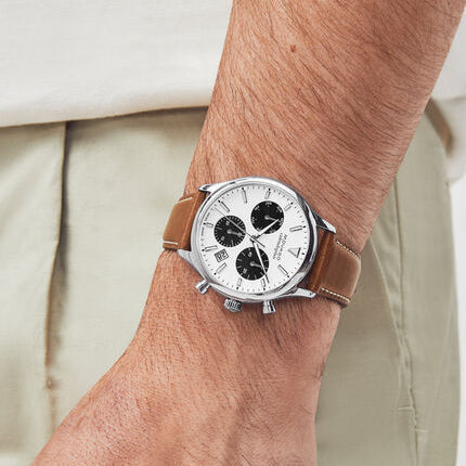  Shop Authentic Movado Heritage Calendoplan Chronograph White Dial Brown Leather Strap Watch for Men - 3650008 - Luxxuri