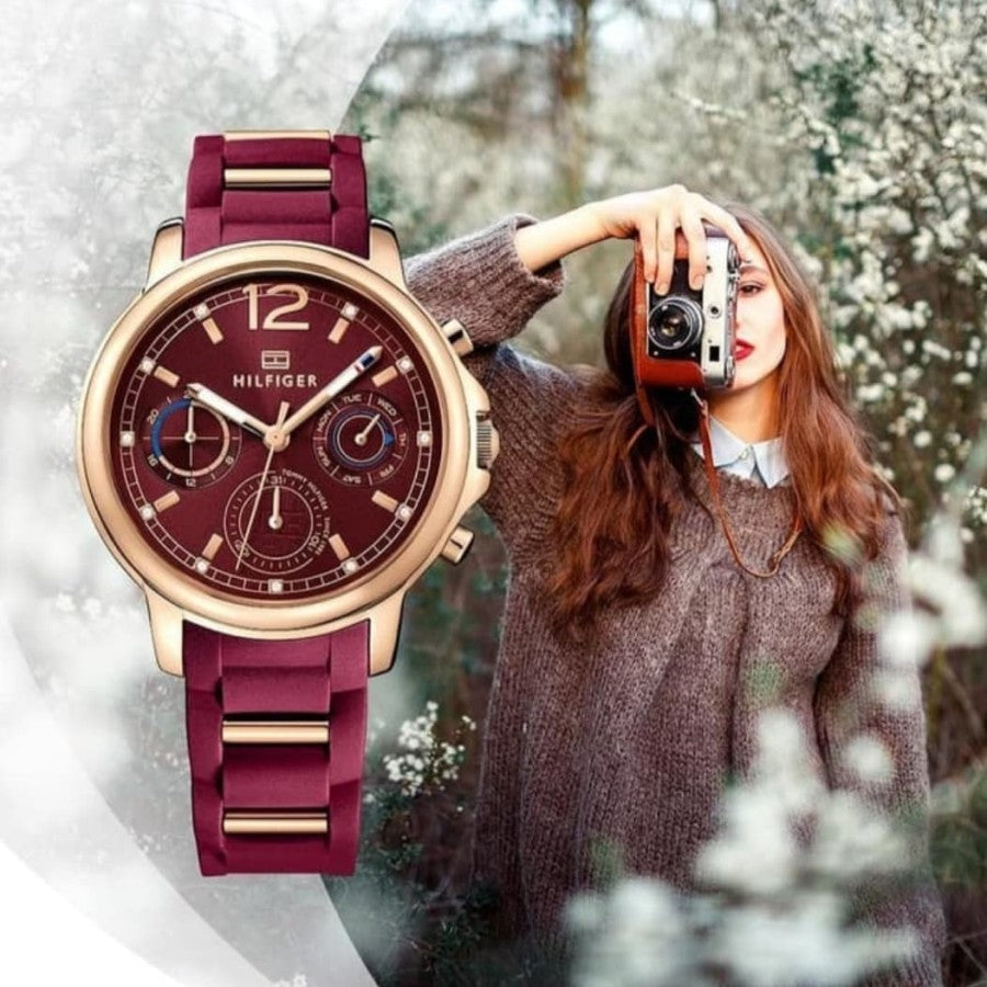  Shop Authentic Tommy Hilfiger Claudia Red Dial Two Tone Steel Strap Watch for Women - 1781744 - Luxxuri