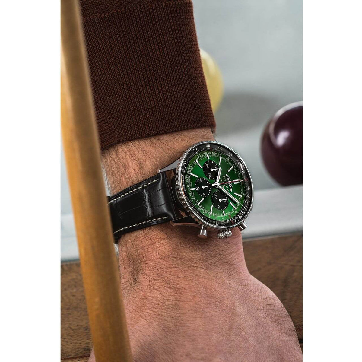  Shop Authentic Breitling Navitimer B01 Chronograph 46 Green Dial Black Leather Strap Watch for Men - AB0137241L1P1 - Luxxuri