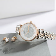  Shop Authentic Emporio Armani Gianni T Bar Quartz White Dial Two Tone Steel Strap Watch For Women - AR80035 - Luxxuri
