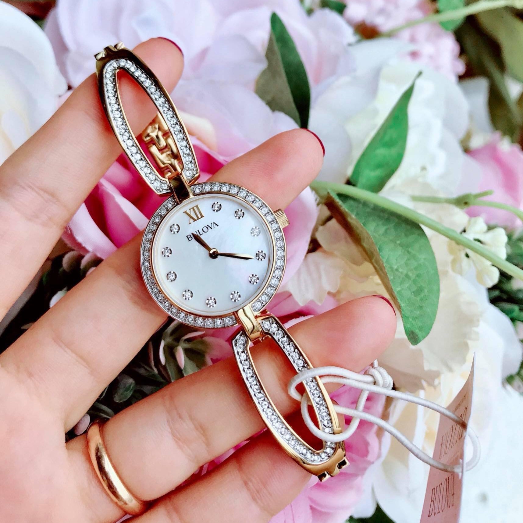  Shop Authentic Bulova Crystal Collection Mother of Pearl Dial Gold Steel Strap Watch for Women - 98L225 - Luxxuri