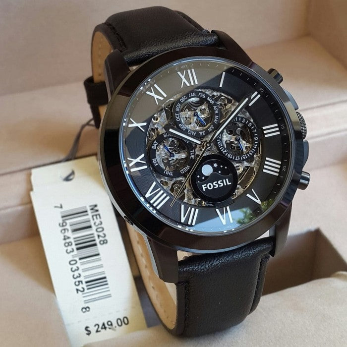  Shop Authentic Fossil Grant Automatic Black Dial Black Leather Strap Watch for Men - ME3028 - Luxxuri