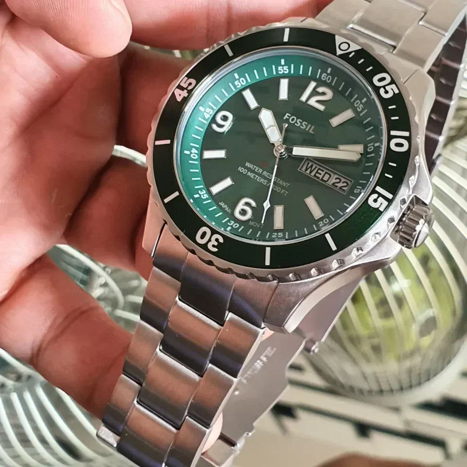  Shop Authentic Fossil FB-03 Chronograph Green Dial Silver Steel Strap Watch for Men - FS5726 - Luxxuri