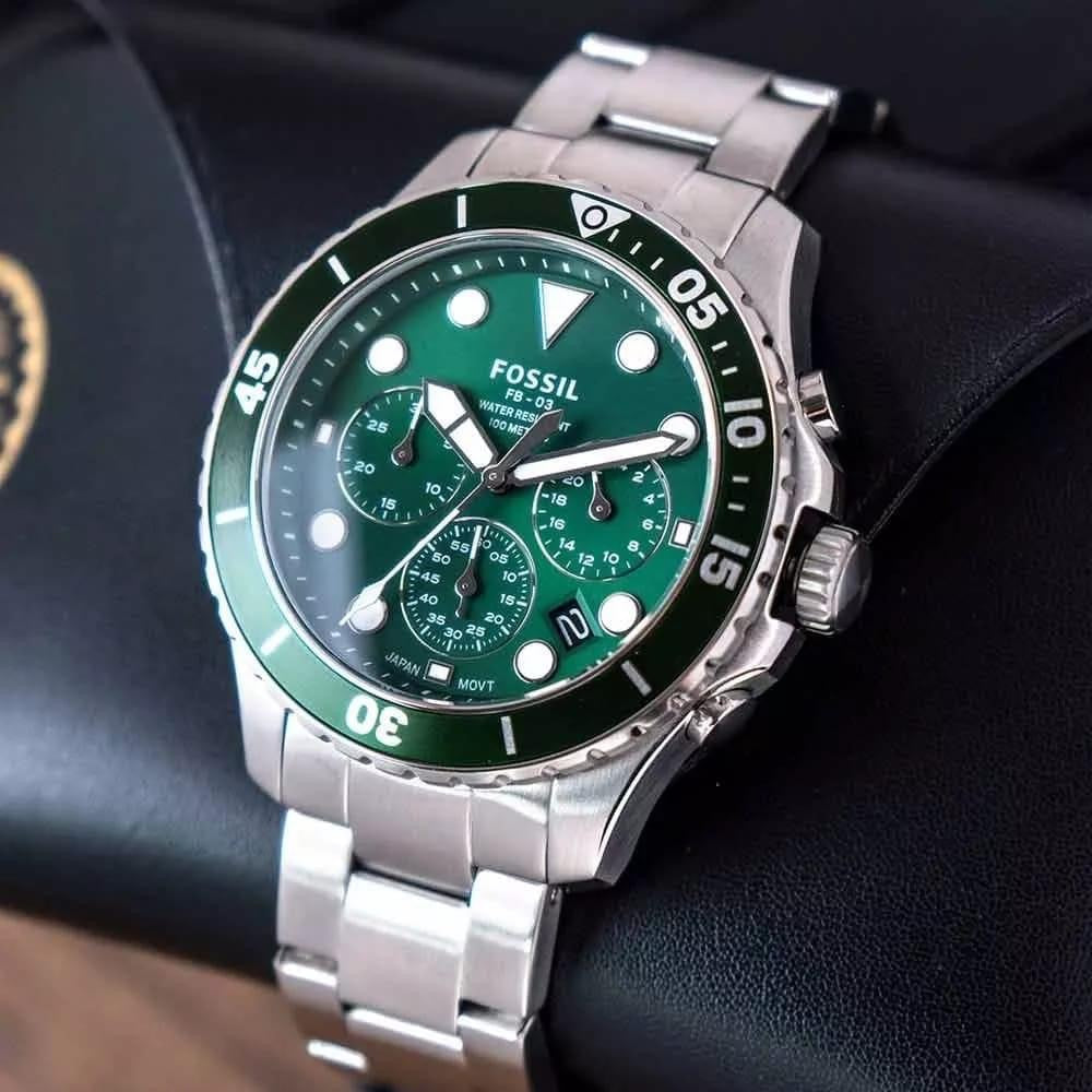  Shop Authentic Fossil FB-03 Chronograph Green Dial Silver Steel Strap Watch for Men - FS5726 - Luxxuri