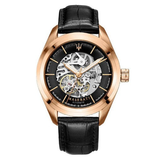  Shop Authentic Maserati Traguardo Automatic Black Skeleton Dial Black Leather Strap Watch For Men - R8821112001 - Luxxuri
