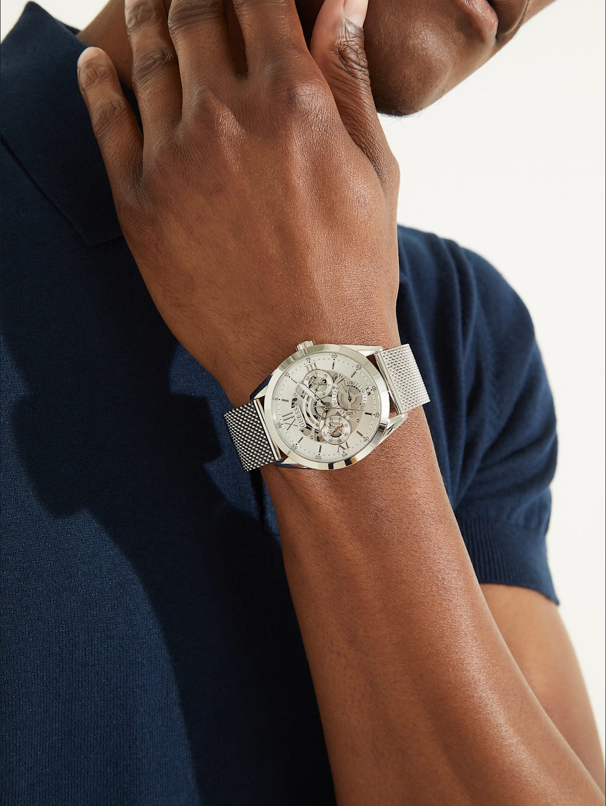  Shop Authentic Guess Tailor Multifunction Silver Dial Silver Mesh Bracelet Watch for Men - GW0368G1 - Luxxuri