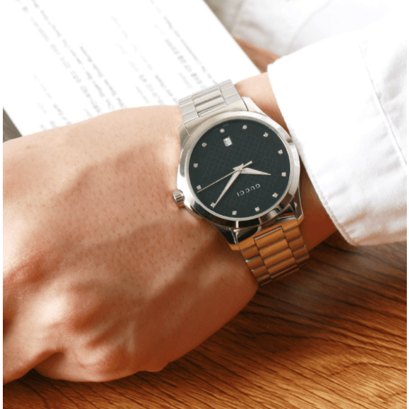 Shop Authentic Gucci G Timeless Diamonds Black Dial Silver Steel Strap Watch For Men - YA126456 - Luxxuri