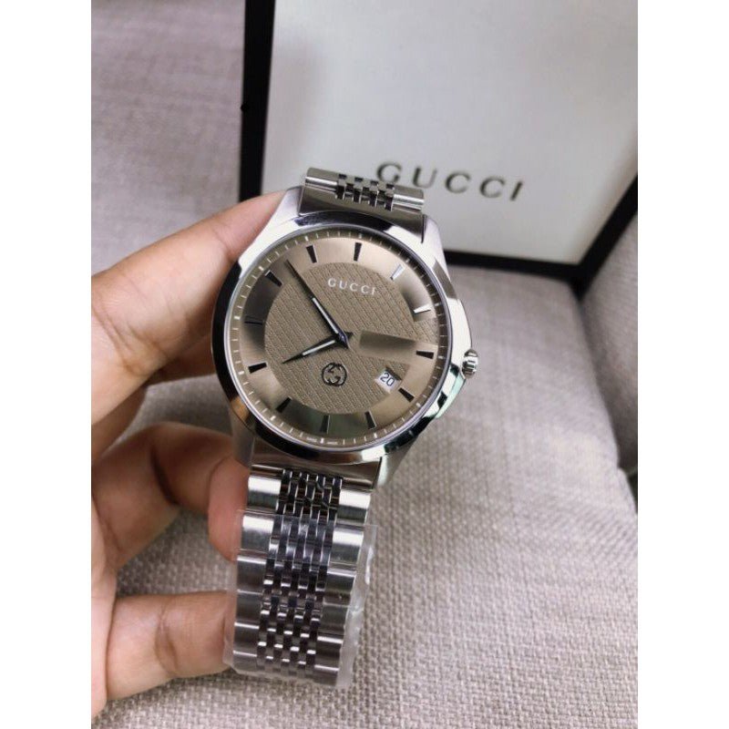 Shop Authentic Gucci G Timeless Brown Dial Silver Steel Strap Watch For Men - YA126406 - Luxxuri