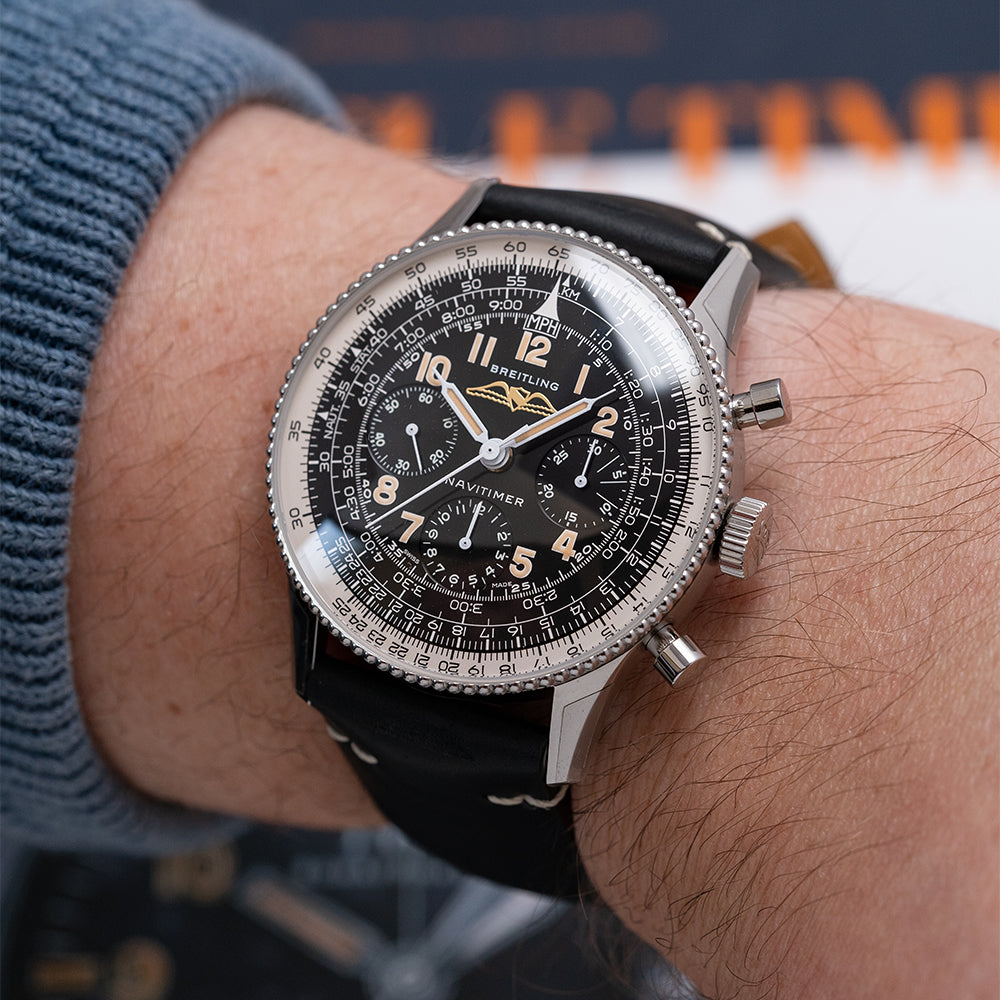  Shop Authentic Breitling Navitimer Ref. 806 1959 Re-Edition Black Dial Brown Leather Strap Watch for Men - AB0910371B1X1 - Luxxuri