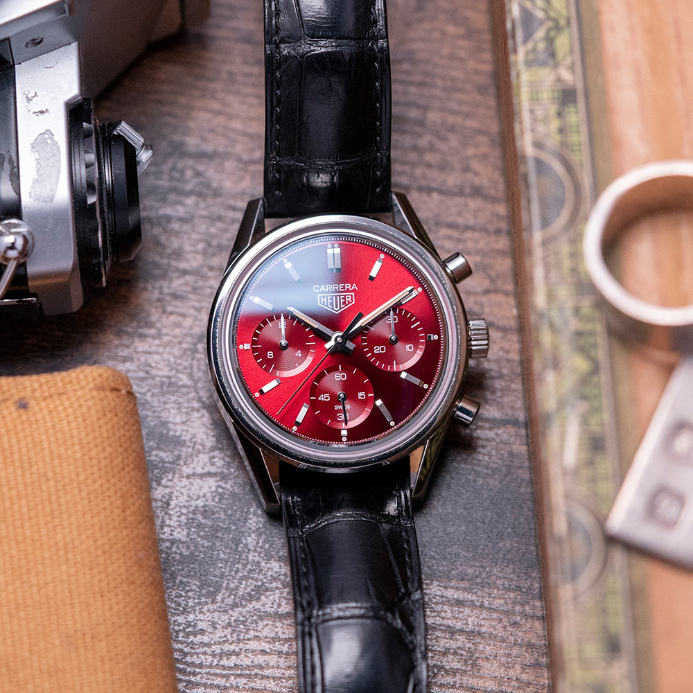  Shop Authentic Tag Heuer Carrera Automatic Chronograph Red Dial Black Leather Strap Watch for Men - CBK221G.FC6479 - Luxxuri
